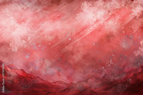 Abstract red landscape, vibrant watercolor texture, dreamy mountain silhouette, artistic background, atmospheric design.