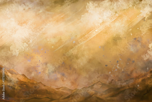 Abstract landscape painting, warm earthy tones, textured brush strokes, serene mountain backdrop, atmospheric sky.