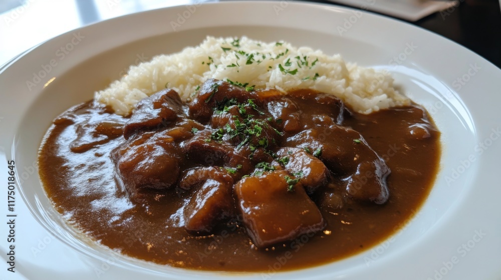 A plate of thinly sliced beef cooked in a rich brown sauce, served over fluffy white rice, garnished with fresh herbs, creating an appetizing, comforting dish A plate of thinly sliced beef cooked in a rich brown sauce, served over fluffy white rice, garnished with fresh herbs, creating an appetizing, comforting dish