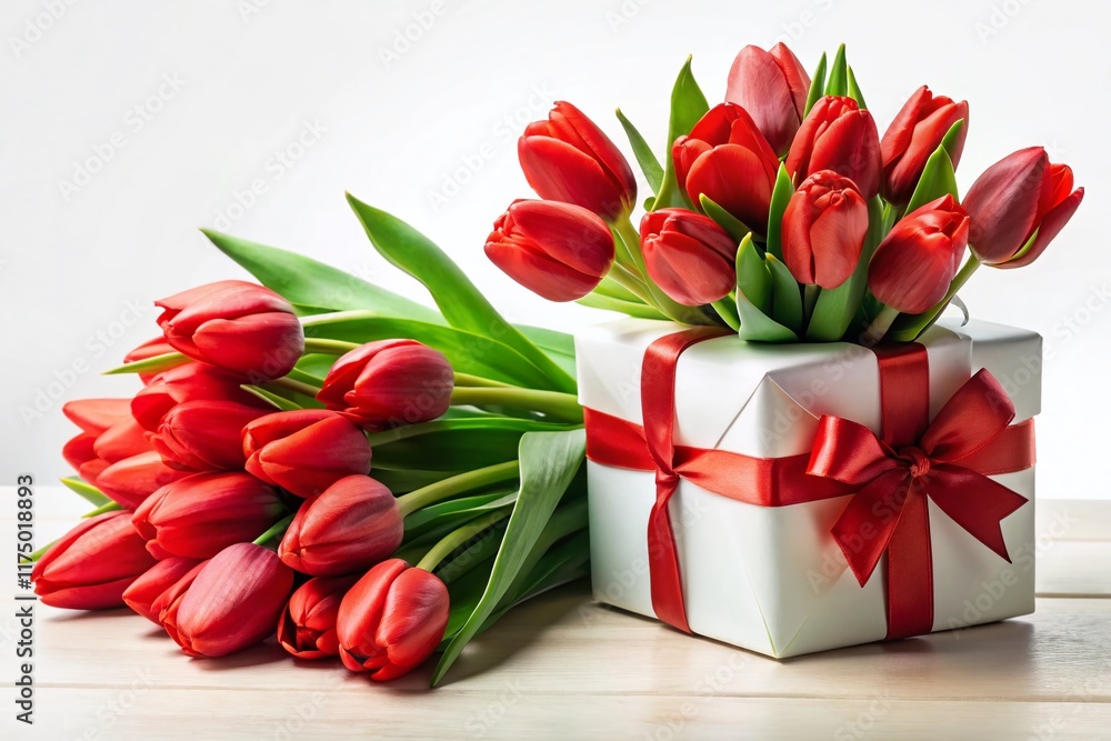 Fototapeta premium Panoramic Red Tulip Bouquet & Gift Box on White Background - Spring Gift