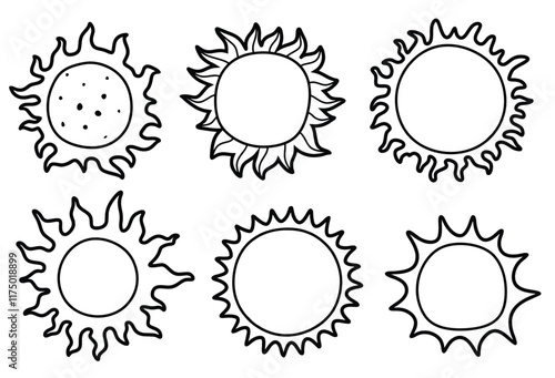 Hand drawn outline cute sun isolated white background.