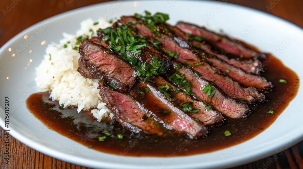 A plate of thinly sliced beef cooked in a rich brown sauce, served over fluffy white rice, garnished with fresh herbs, creating an appetizing, comforting dish A plate of thinly sliced beef cooked in a rich brown sauce, served over fluffy white rice, garnished with fresh herbs, creating an appetizing, comforting dish