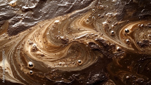 The rich swirling mocha mousse background seamlessly blends deep chocolate brown with soft coffee cream tones, creating a smooth, velvet like texture with glossy highlights photo