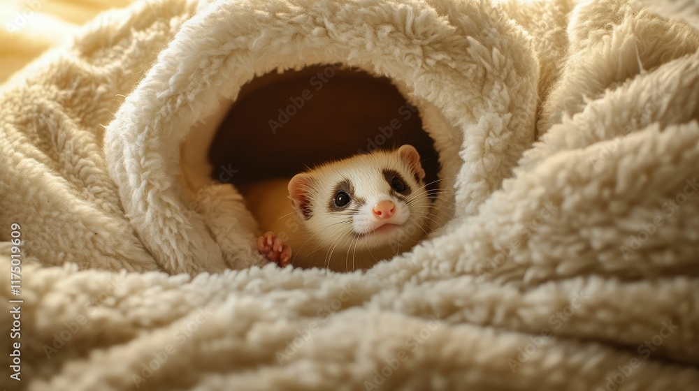 Fototapeta premium Small mammal snuggles in fluffy, beige bedding.