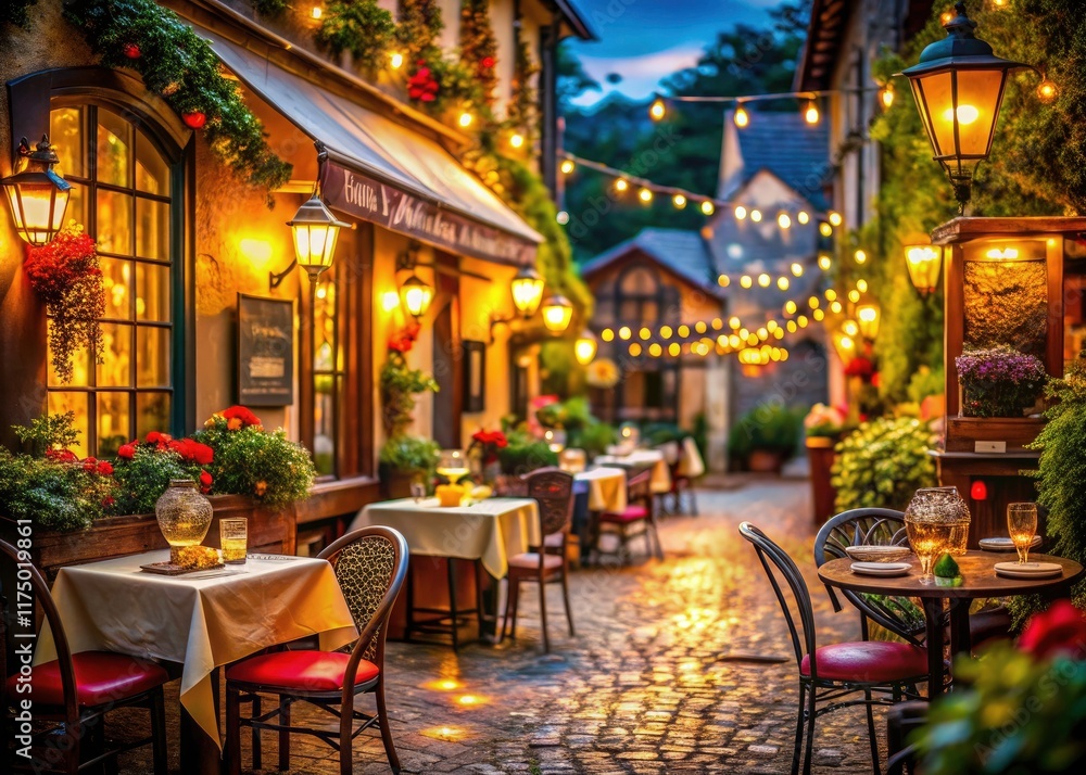 Bokeh lights illuminate a charming village restaurant at night, serving delicious food. Bokeh lights illuminate a charming village restaurant at night, serving delicious food.