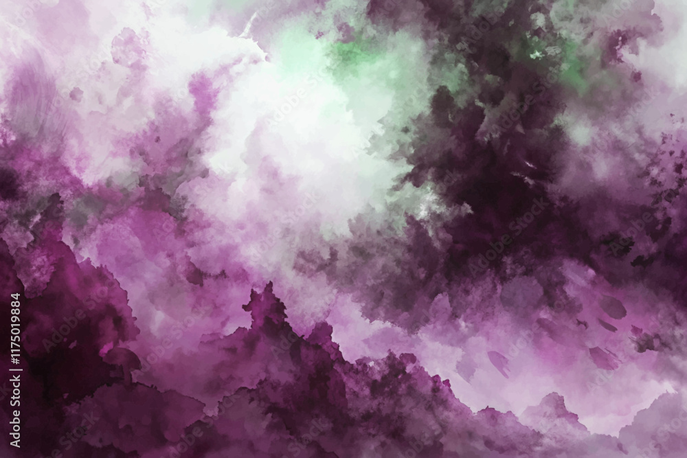 Obraz premium Abstract watercolor background, vibrant purple hues, soft cloud formations, artistic texture, suitable for design projects.
