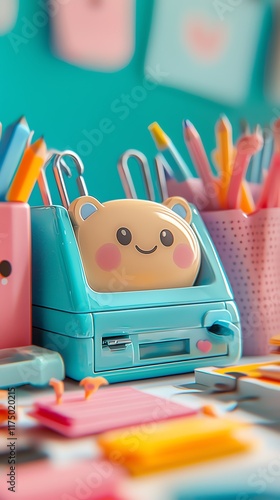 Kawaii-style cartoon stationery, happy face staplers, hole punchers, and sticky notes with tiny arms and legs, whimsical and colorful school supplies design photo