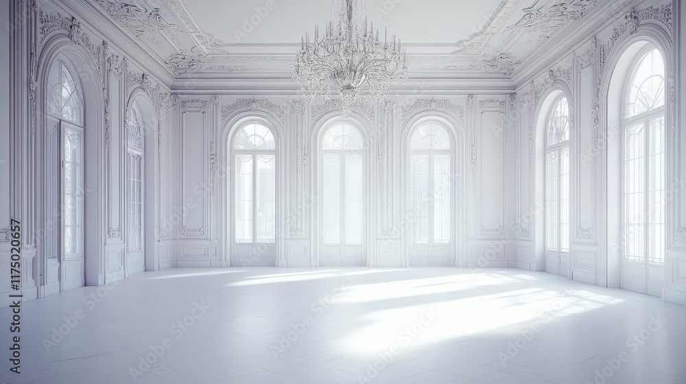 A luxurious living space with a statement chandelier and blank white walls A luxurious living space with a statement chandelier and blank white walls