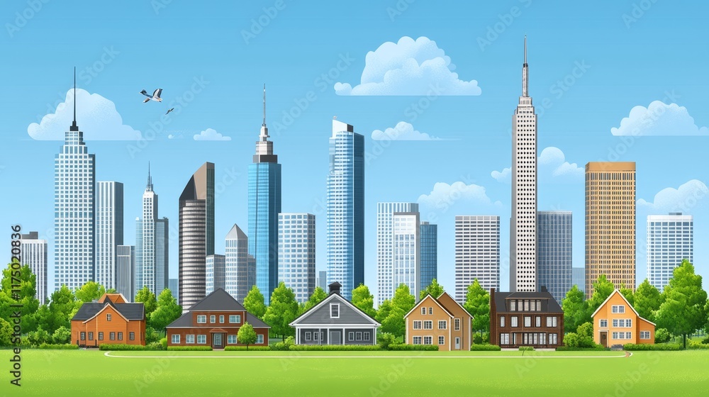 Fototapeta premium Modern City Skyline with Suburban Houses and Lush Green Space