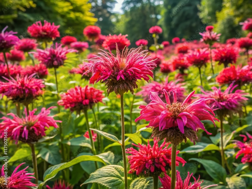 Panoramic Summer Garden Bloom: Crimson Bee Balm & Balmy Pink Monarda Didyma Panoramic Summer Garden Bloom: Crimson Bee Balm & Balmy Pink Monarda Didyma