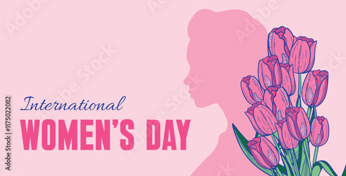 International Women's Day banner concept with silhouette of a young woman and a bouquet of tulips against a pink background. 8 of March International day feminist movement and defending women rights