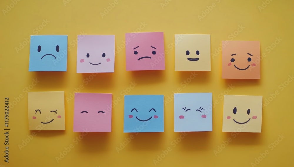 Obraz premium Colorful post it notes featuring happy and sad faces for kids emotional intelligence training