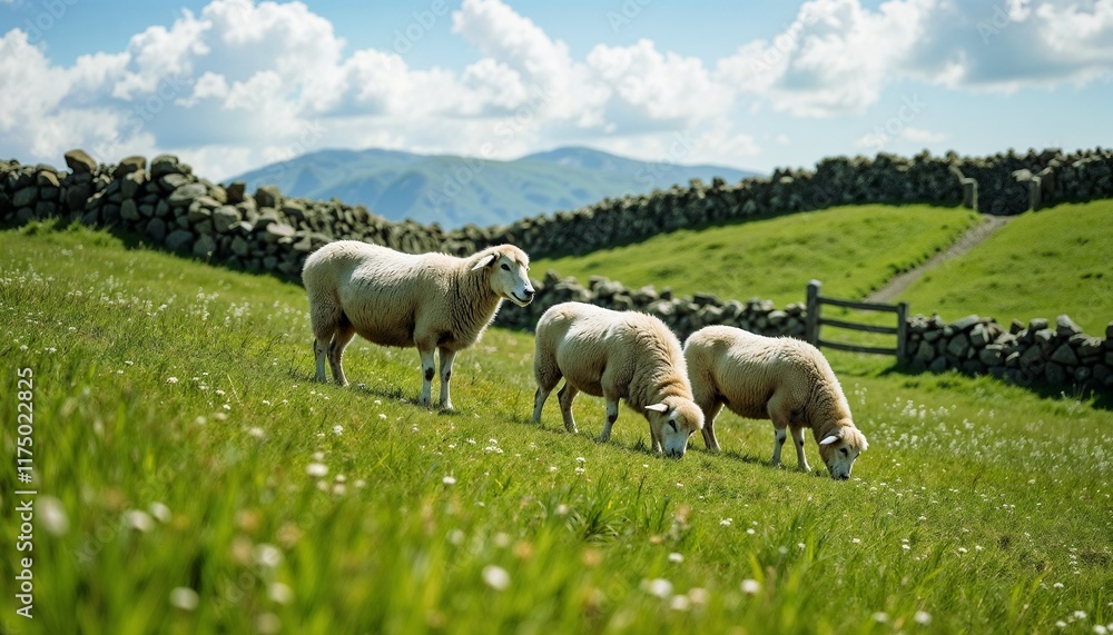 Obraz premium three Sheep grazing on green grass in sunny countryside