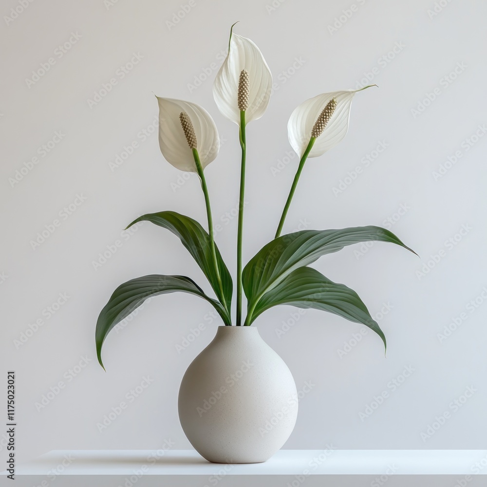 Three white peace lilies in a minimalist beige vase against a light background. Three white peace lilies in a minimalist beige vase against a light background.