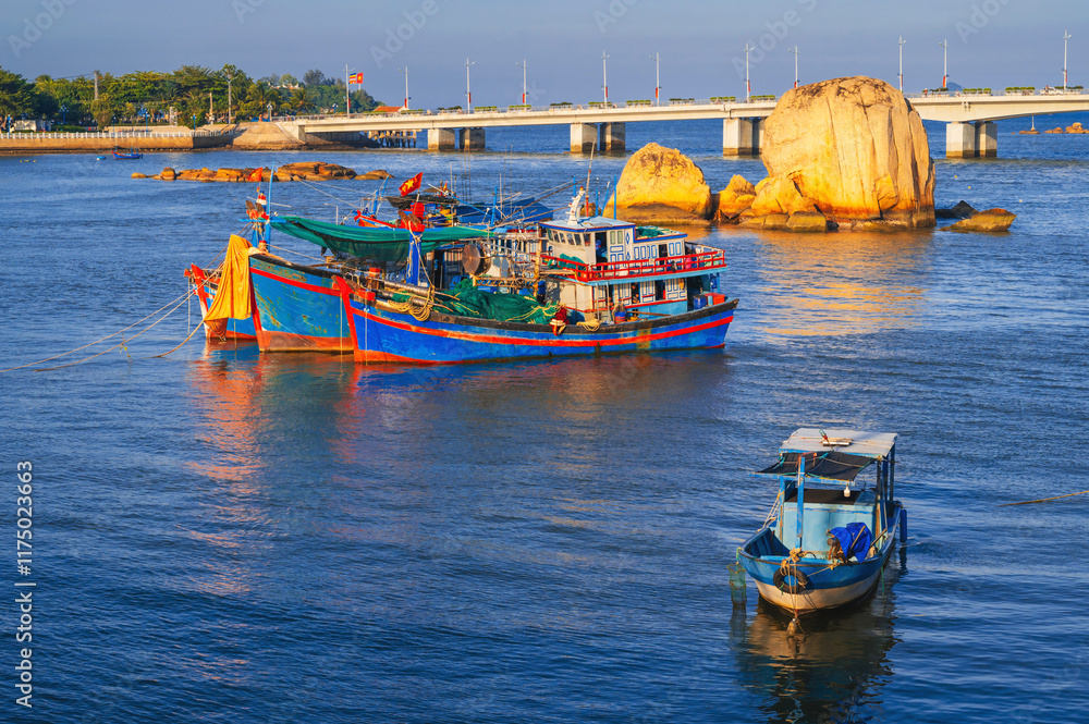 Naklejka premium Sea transport. Vietnamese fishing boats in the South China Sea. Nha Trang.