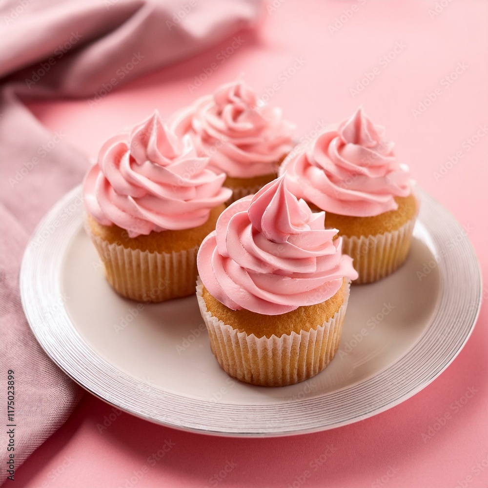 Delicious mini cupcakes with pink creamy frosting on pink background Delicious mini cupcakes with pink creamy frosting on pink background