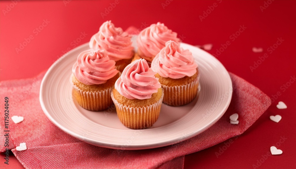 Delicious mini cupcakes with pink creamy frosting on red background Delicious mini cupcakes with pink creamy frosting on red background