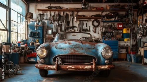 Obraz  z motywem Nostalgic vintage car in retro workshop  a charming scene of classic auto repair and tools
