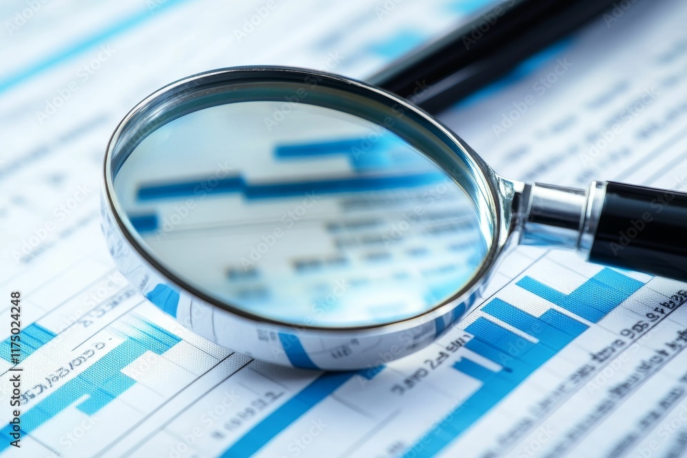 Magnifying glass on charts, analyzing data. Magnifying glass on charts, analyzing data.