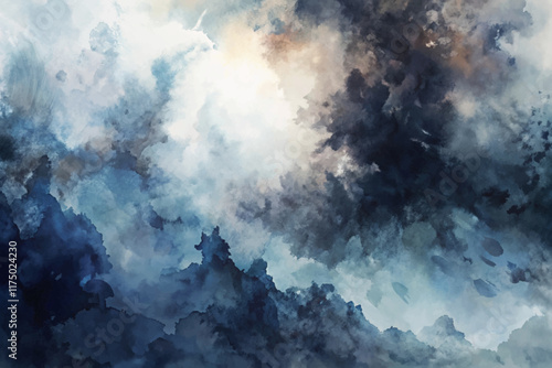 Abstract watercolor clouds, dark stormy sky, soft blue tones, artistic background, atmospheric texture, nature-inspired design.