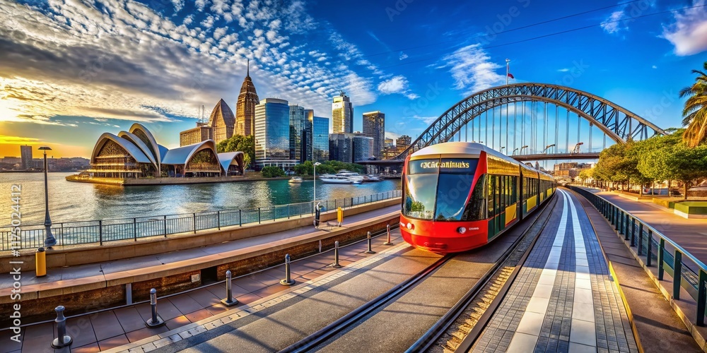 Fototapeta premium Panoramic View: Light Rail Arriving at Circular Quay Sydney