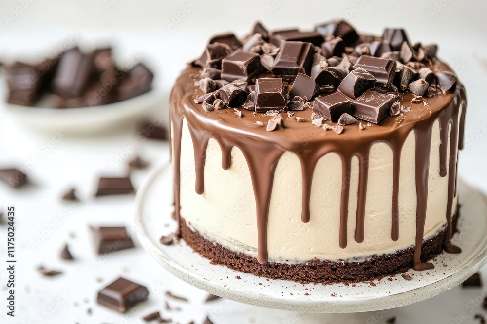 Creamy cake with chocolate ganache, topped with chocolate chunks. Perfect for dessert menus, blogs, or chocolate advertisements. Creamy cake with chocolate ganache, topped with chocolate chunks. Perfect for dessert menus, blogs, or chocolate advertisements.
