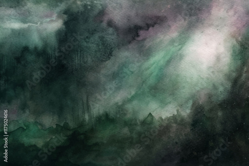 Abstract watercolor background, dark green tones, atmospheric texture, artistic design, moody landscape, creative backdrop.