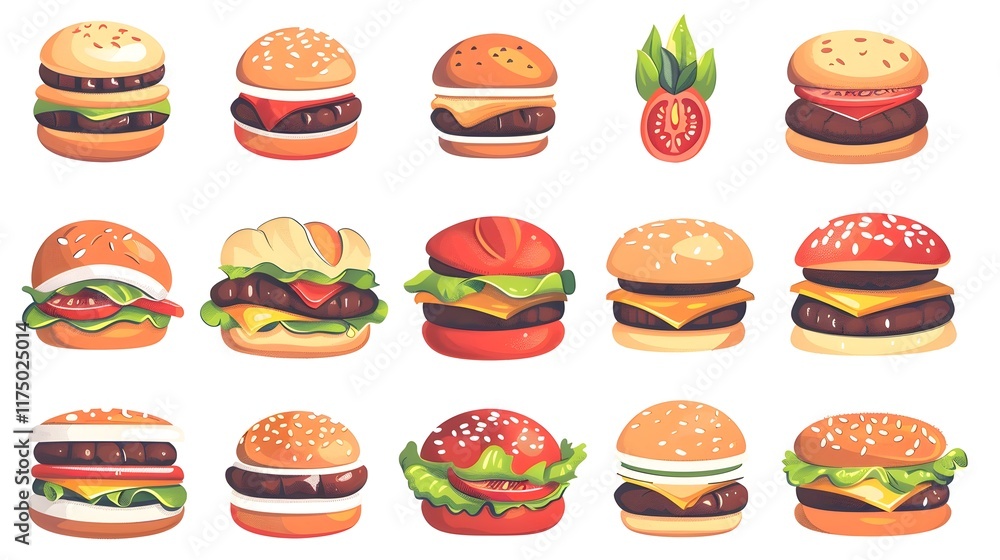 Assorted Mouth Watering Hamburgers and Cheeseburgers in Flat Style Assorted Mouth Watering Hamburgers and Cheeseburgers in Flat Style