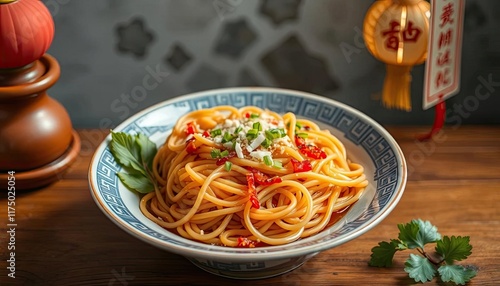 Chinese Spicy Noodles on Decorative Plate, Festive Background