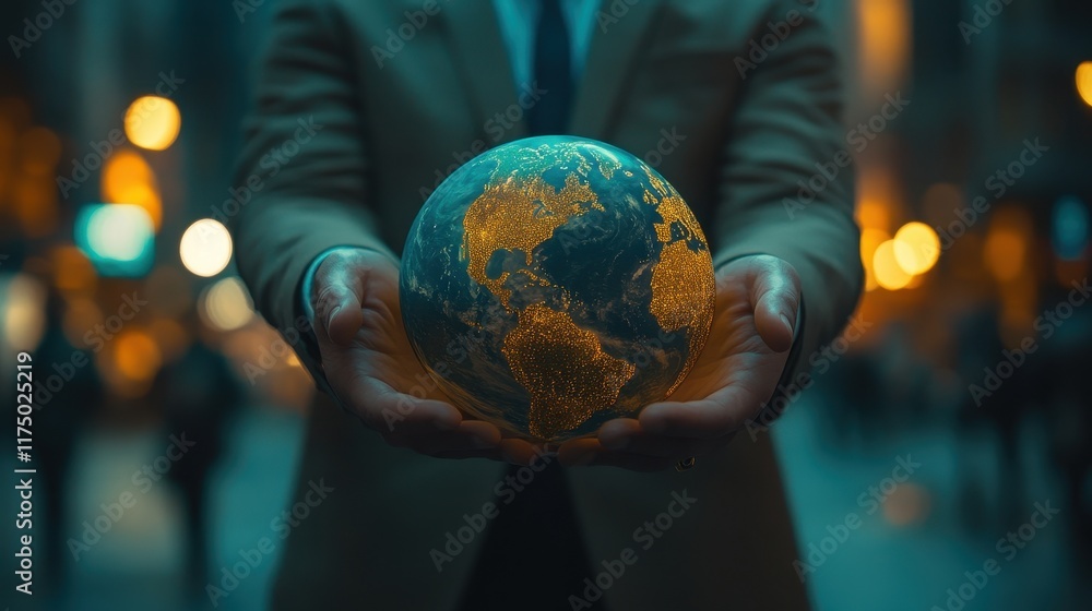 Fototapeta premium Person holding glowing Earth globe, city bokeh background. Illustrates global connection, responsibility, or future concepts.
