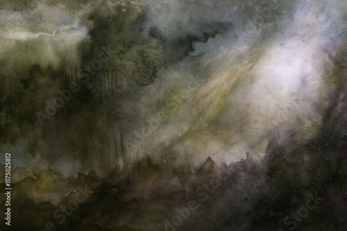 Dark watercolor landscape, misty forest scene, ethereal light rays, atmospheric depth, nature-inspired art.