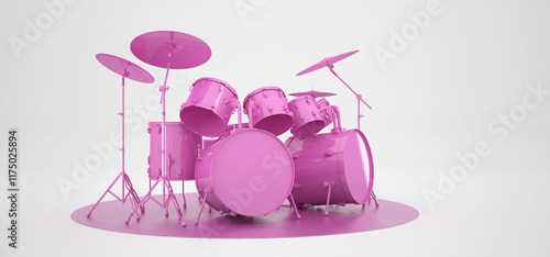 A cute pink drum kit stands on a pink podium in a white room.  Cool pink drum kit. 3D render.