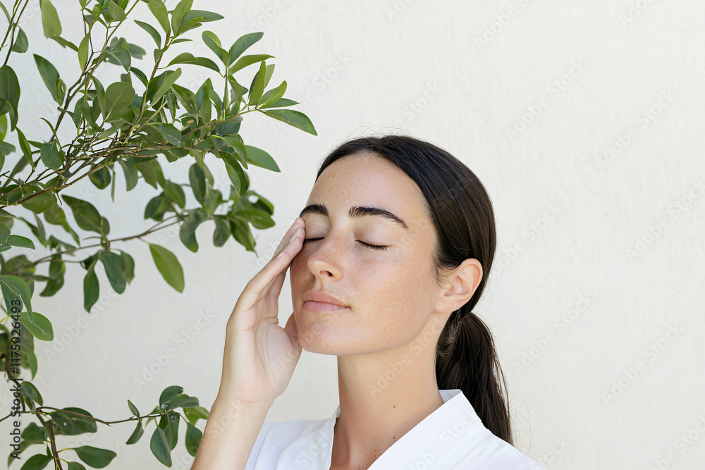 fresh-faced woman gently applying eye cream, clean bathroom setting fresh-faced woman gently applying eye cream, clean bathroom setting