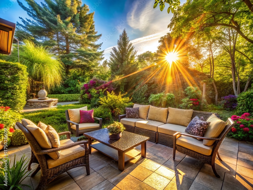 Panoramic View of a Relaxing Back Garden Patio - Perfect for Summer Evenings Panoramic View of a Relaxing Back Garden Patio - Perfect for Summer Evenings