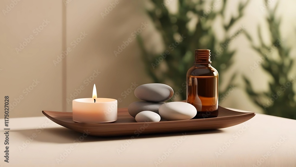 A minimalist 3D render of a spa-like setting. A small arrangement of a lit candle, smooth stones stacked in balance, and a bottle of essential oil placed on a wooden tray. The background is a soft bei A minimalist 3D render of a spa-like setting. A small arrangement of a lit candle, smooth stones stacked in balance, and a bottle of essential oil placed on a wooden tray. The background is a soft bei