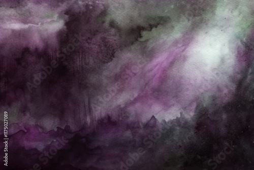 Abstract watercolor painting, dark purple hues, ethereal atmosphere, moody landscape, artistic expression, dreamy background.