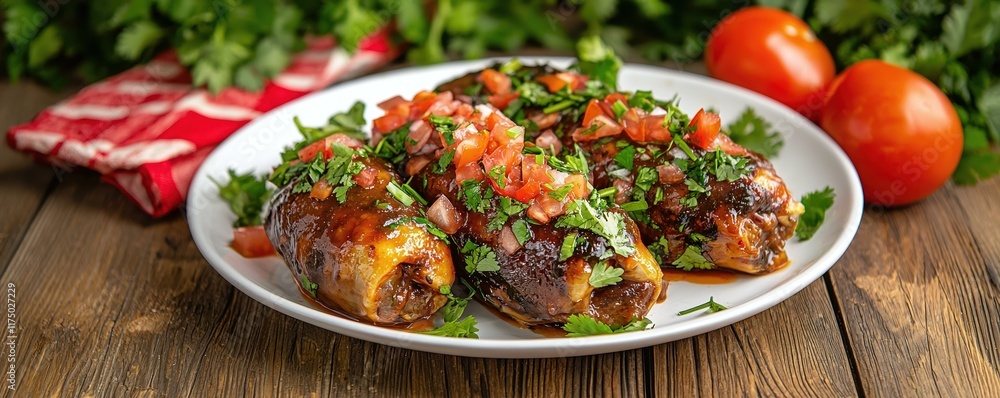 Deliciously Styled Grilled Fish Topped with Fresh Salsa and Herbs on Wooden Table Setting Deliciously Styled Grilled Fish Topped with Fresh Salsa and Herbs on Wooden Table Setting