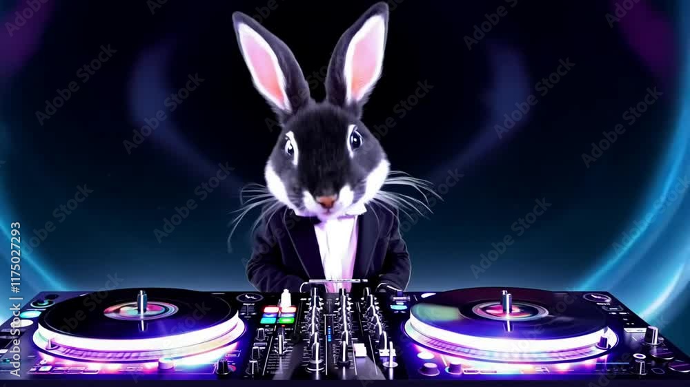dark suit rabbit dj balck background white rabbit head suit dj man animal photogenic model fun attractive business adult rabbit earphones studio male celebration people 1 portrait cute funny easter