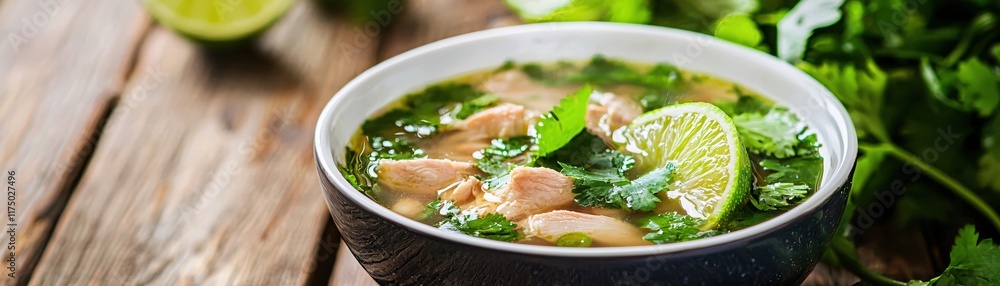 Fresh Chicken Soup with Lime and Cilantro on Wooden Table with Ingredients Background Fresh Chicken Soup with Lime and Cilantro on Wooden Table with Ingredients Background