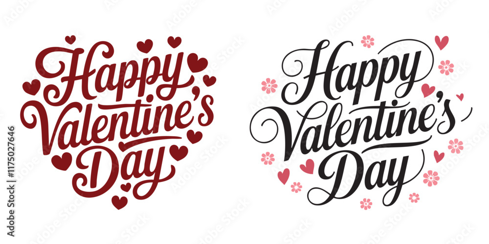 Happy Valentine's Day handwritten lettering. Black calligraphic text with two red hearts and Cupid aiming a bow isolated on white background. Valentines Day holidays typography. Vector illustration. Happy Valentine's Day handwritten lettering. Black calligraphic text with two red hearts and Cupid aiming a bow isolated on white background. Valentines Day holidays typography. Vector illustration.
