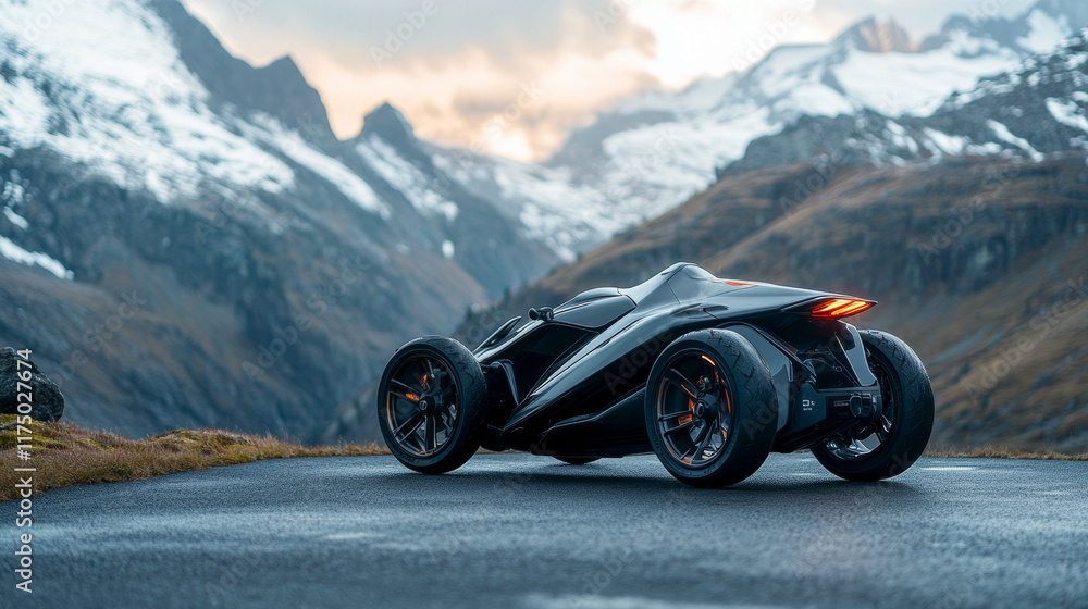 Naklejka premium High-performance vehicle parked on winding mountain road at sunset in snowy landscape