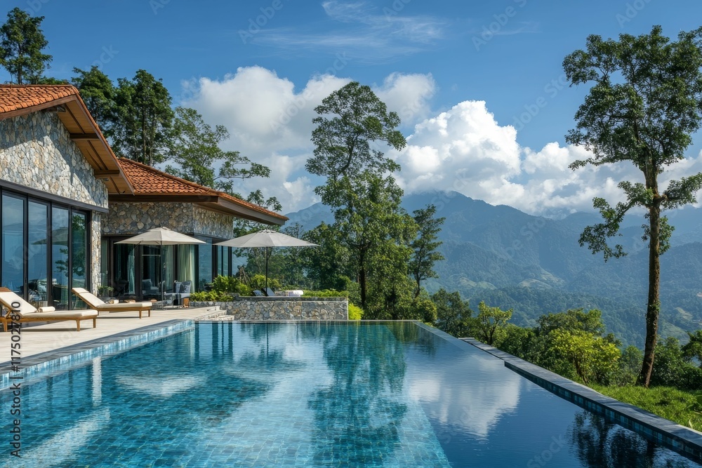 Naklejka premium Mountain view infinity pool; stone house, tranquil scene.