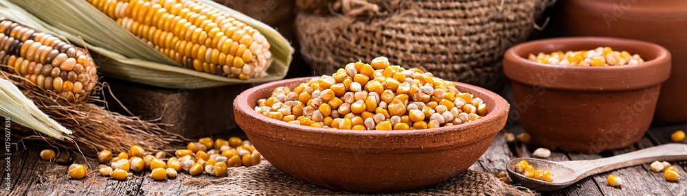 Vibrant Yellow Corn Kernels in Rustic Bowls and Natural Setting with Wooden Elements Vibrant Yellow Corn Kernels in Rustic Bowls and Natural Setting with Wooden Elements