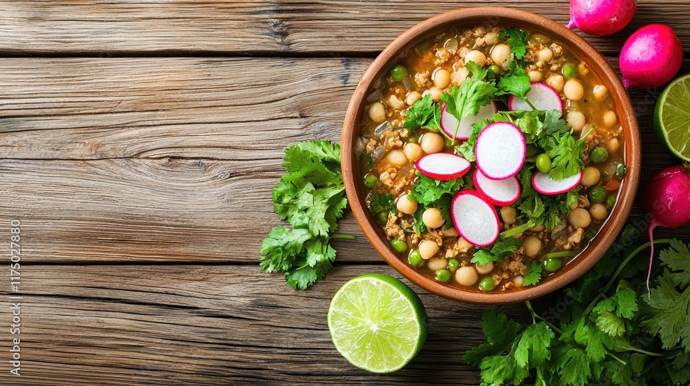 Fresh Chickpea Stew with Radishes and Cilantro on Rustic Table Fresh Chickpea Stew with Radishes and Cilantro on Rustic Table