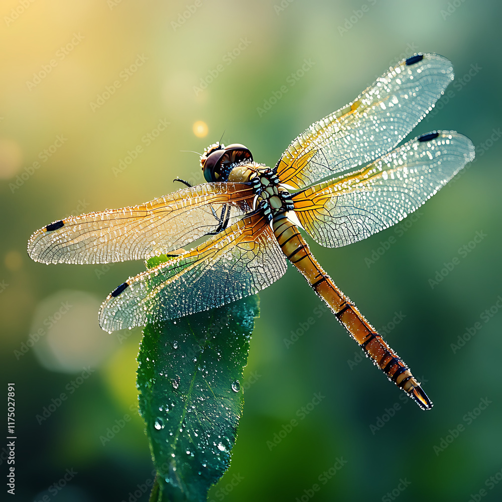 Close-up of a detailed dragonfly perched on a dewy leaf, showcasing its translucent wings and vivid body texture Close-up of a detailed dragonfly perched on a dewy leaf, showcasing its translucent wings and vivid body texture