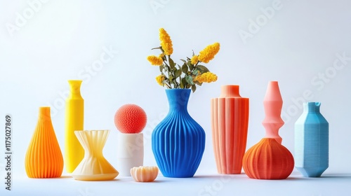 Modern 3D Printing: Blue Vase and Vibrant Objects on a Clean Background