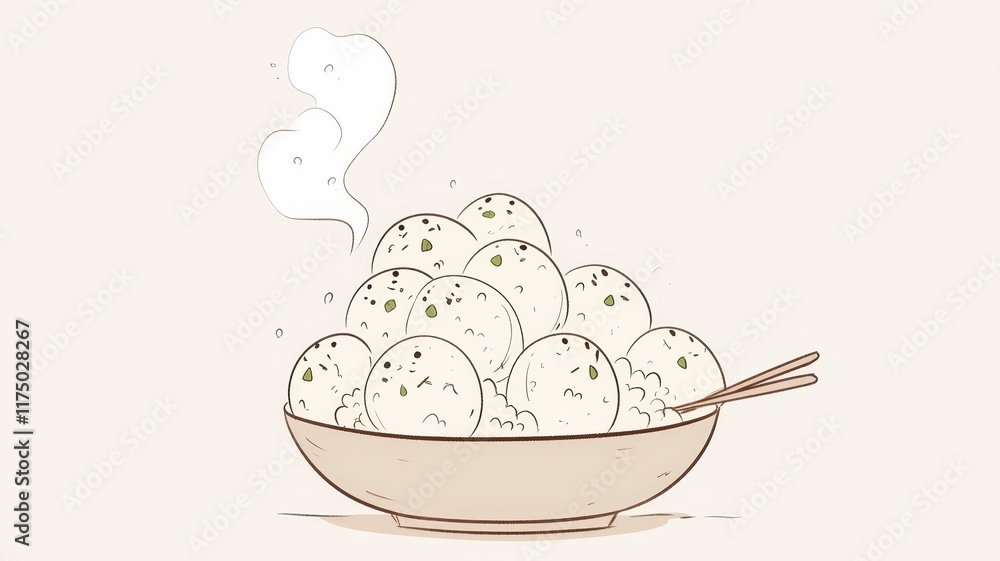 Steaming Bowl of Delicious Asian Rice Balls Traditional Food Illustration Steaming Bowl of Delicious Asian Rice Balls Traditional Food Illustration