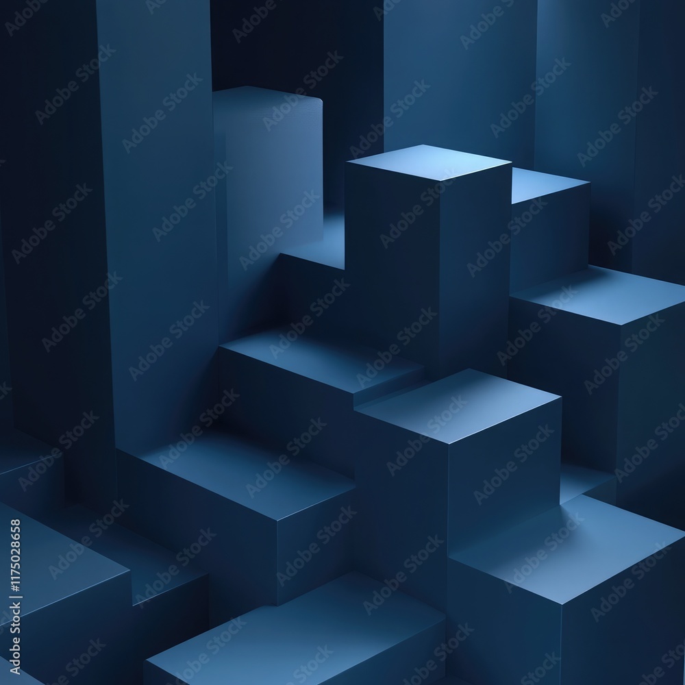 Abstract 3D Depth: Blue Cubes with Soft Lighting and Shadows Abstract 3D Depth: Blue Cubes with Soft Lighting and Shadows