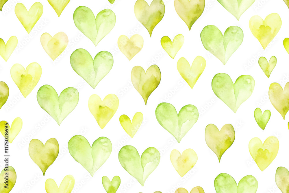Watercolor heart patterns, green and yellow hues, soft background, romantic design, perfect for invitations. Watercolor heart patterns, green and yellow hues, soft background, romantic design, perfect for invitations.