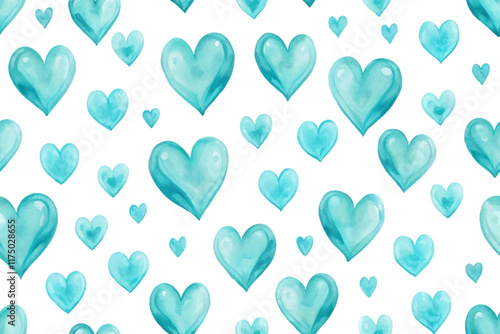 Watercolor heart pattern, turquoise hearts, seamless design, romantic background, decorative elements, love theme.